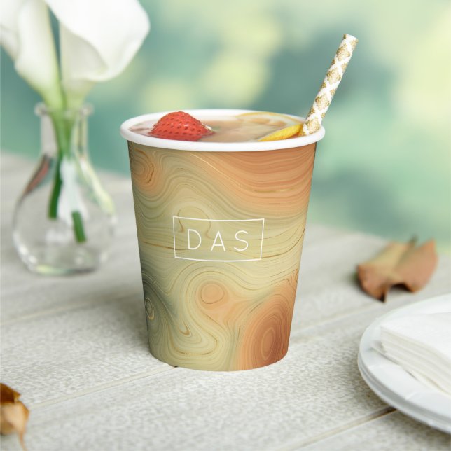 Golden Strata | Peach Orange Green Agate Monogram Paper Cups (Insitu)