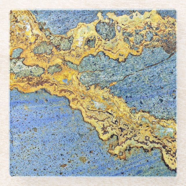 Golden Strata Stone Blue Modern Glass Coaster (Front)