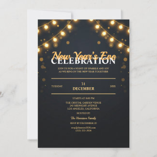 Golden String Lights New Year Party Invitation