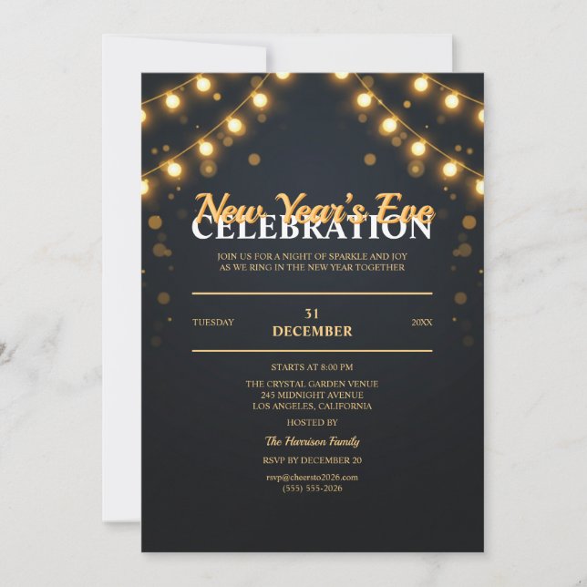 Golden String Lights New Year Party Invitation (Front)
