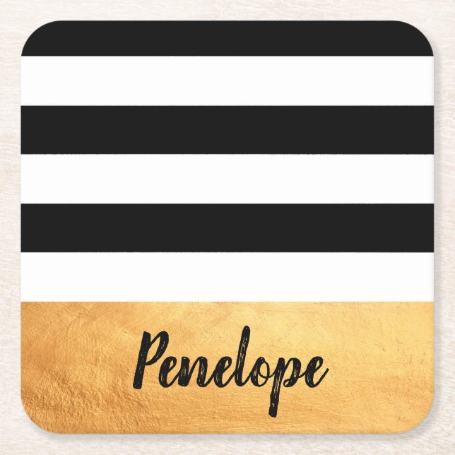Golden Stripes Square Paper Coaster (Front)