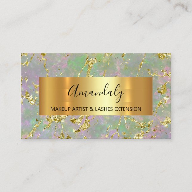 Golden Strokes Beauty Shop Mint Green Marble Business Card (Front)