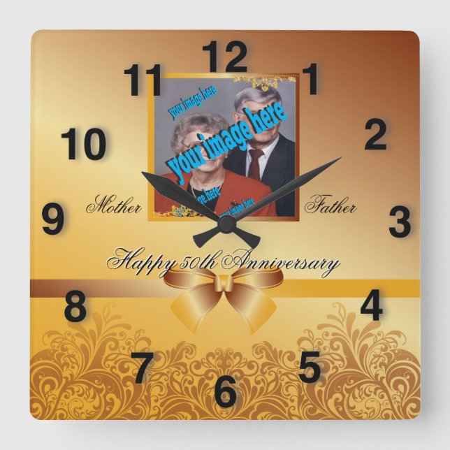 Golden Stylish 50th 🕰️ Anniversary Special Square Wall Clock (Front)