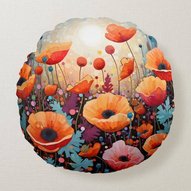 Golden Summer Glow Poppy Paradise Round Cushion (Front)