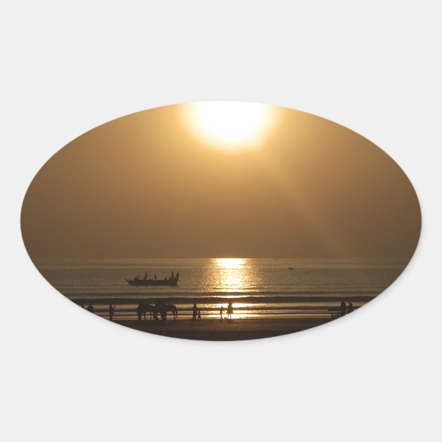 Golden Summer Sunset Reflection on the Beach Oval Sticker (Front)
