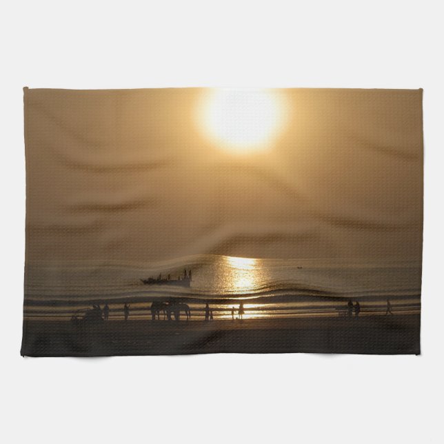 Golden Summer Sunset Reflection on the Beach Tea Towel (Horizontal)