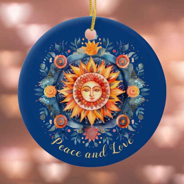 Golden Sun and Floral Mandala Peace and Love Blue Ceramic Ornament (Creator Uploaded)
