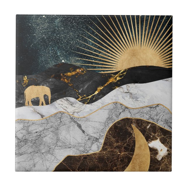Golden Sun and Moon with Elephant in Marble Cosmic Ceramic Tile (Front)
