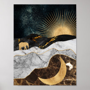 Golden Sun and Moon with Elephant in Marble Cosmic Poster