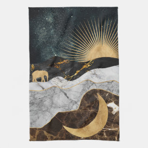 Golden Sun and Moon with Elephant in Marble Cosmic Tea Towel