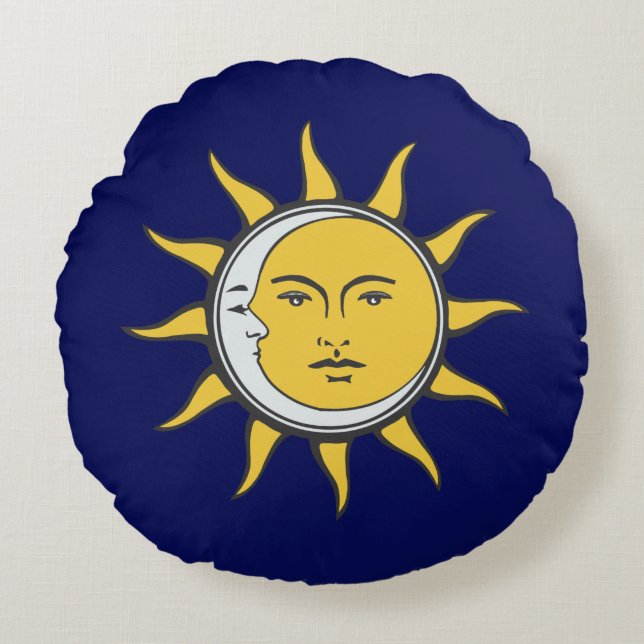 Golden Sun and Silver Moon on Navy Blue Round Cushion (Front)
