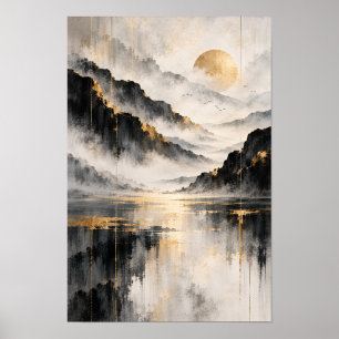 Golden Sun Misty Mountain Abstract Wall Art