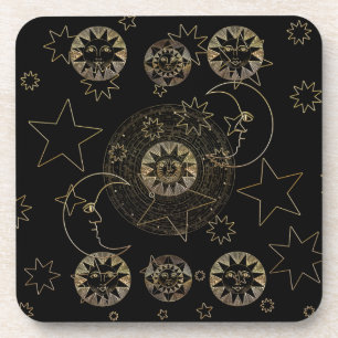 Golden Sun Moon Stars Celestial Astronomy art Coaster