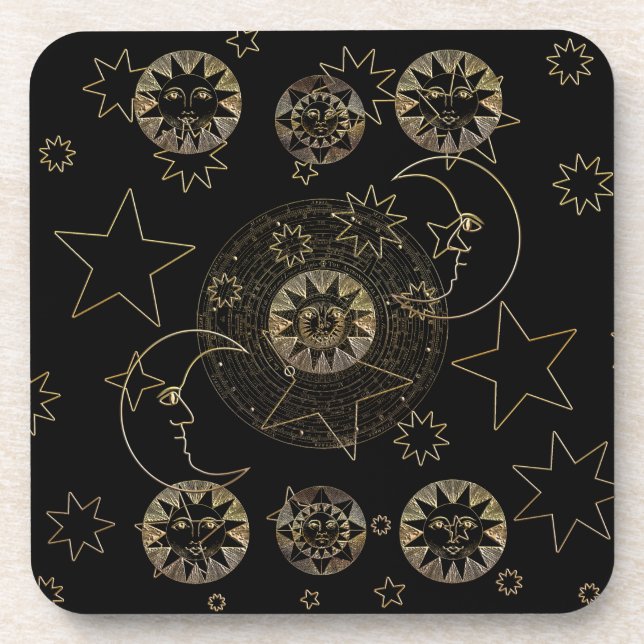 Golden Sun Moon Stars Celestial Astronomy art Coaster (Front)