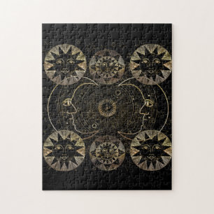 Golden Sun Moon Stars Celestial Astronomy art Jigsaw Puzzle