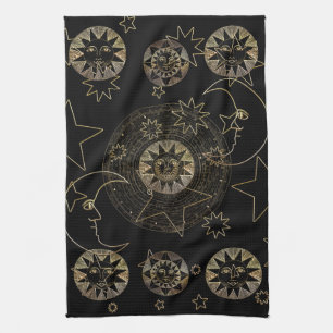 Golden Sun Moon Stars Celestial Astronomy art Tea Towel