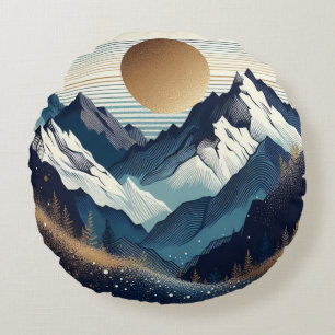 Golden Sun Over Mountain Peaks Round Cushion