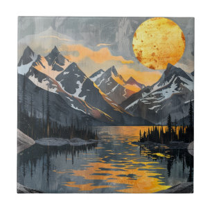Golden Sun Over Snowy Mountains – Boho Wilderness Ceramic Tile