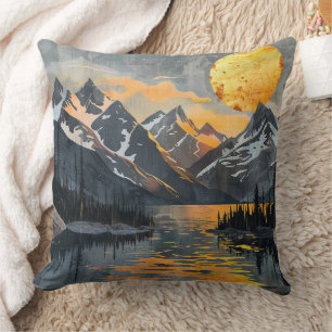 Golden Sun Over Snowy Mountains – Boho Wilderness Cushion