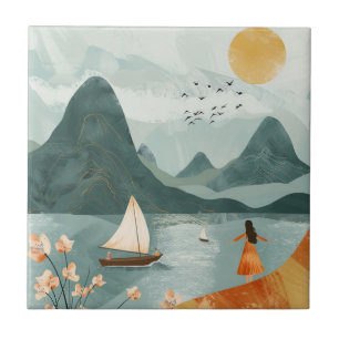 Golden Sun Teal Lake Romantic Mountain Escape Ceramic Tile