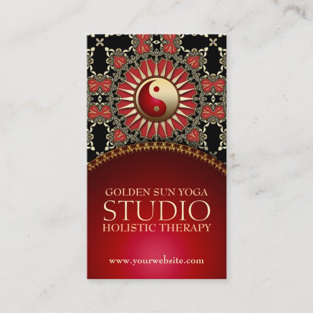 Golden Sun Yoga Reiki Balance Red Gold Black Business Card (Front)