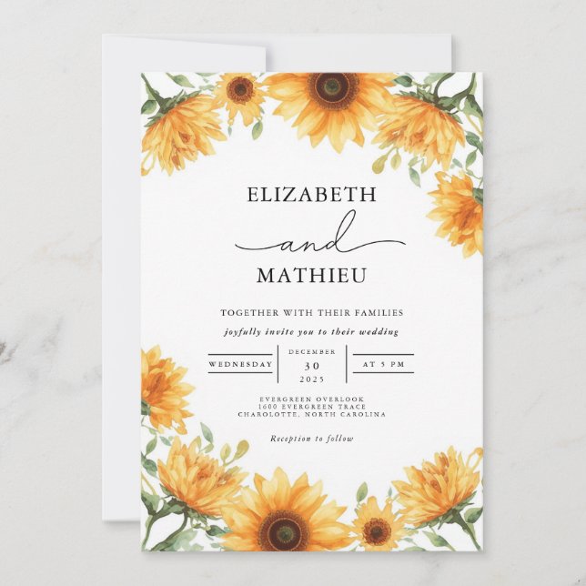 Golden Sunflower Border Bloom Wedding Invitation (Front)