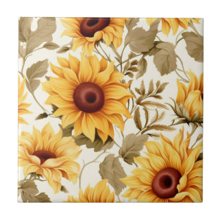 Golden Sunflower Botanical Pattern Ceramic Tile