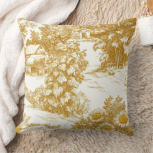 Golden Sunflower Cottage Toile Countryside Pattern Cushion