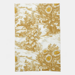 Golden Sunflower Cottage Toile Countryside Pattern Tea Towel