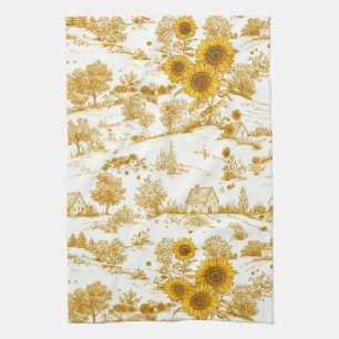 Golden Sunflower Cottagecore Countryside Toile Tea Towel