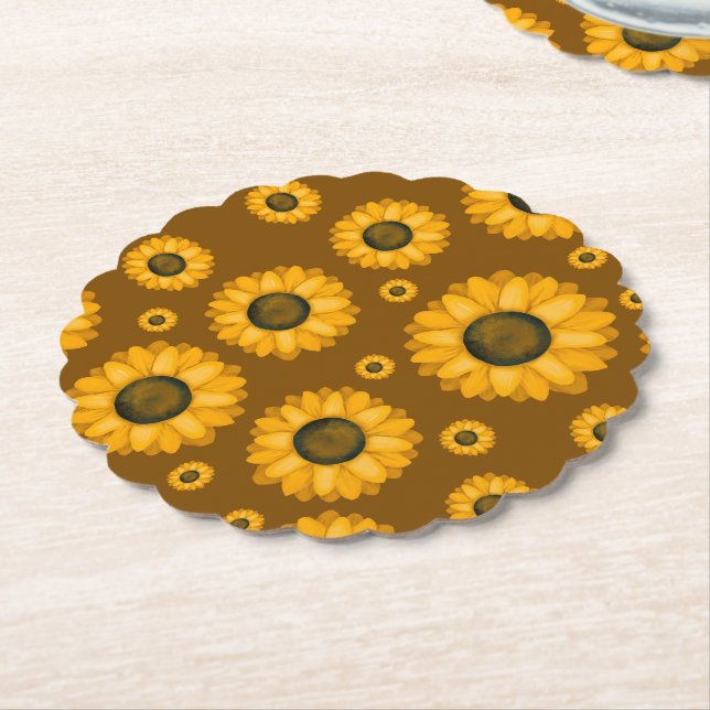 Golden Sunflower Pattern Paper Coaster (Angled)