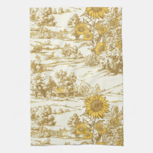 Golden Sunflower Summer Cottage Pattern Tea Towel