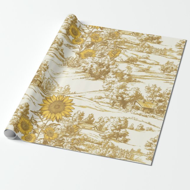Golden Sunflower Summer Cottage Pattern Wrapping Paper (Unrolled)