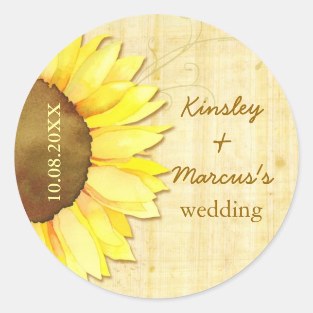 Golden Sunflower Wedding Save the Date Classic Round Sticker (Front)