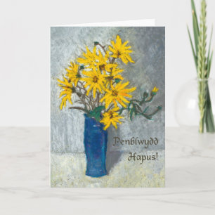 Golden Sunflowers Birthday Card, Welsh Greeting Card