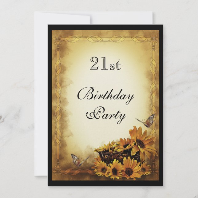 Golden Sunflowers & butterflies 21st Birthday Invitation (Front)