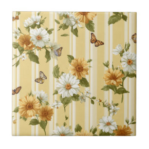 Golden Sunflowers & Butterflies Garden Stripe Ceramic Tile
