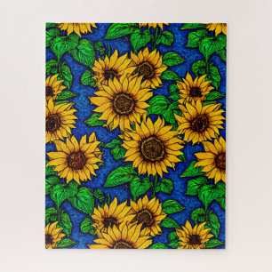Golden Sunflowers & Leaves on Dark Blue Jigsaw Puzzle