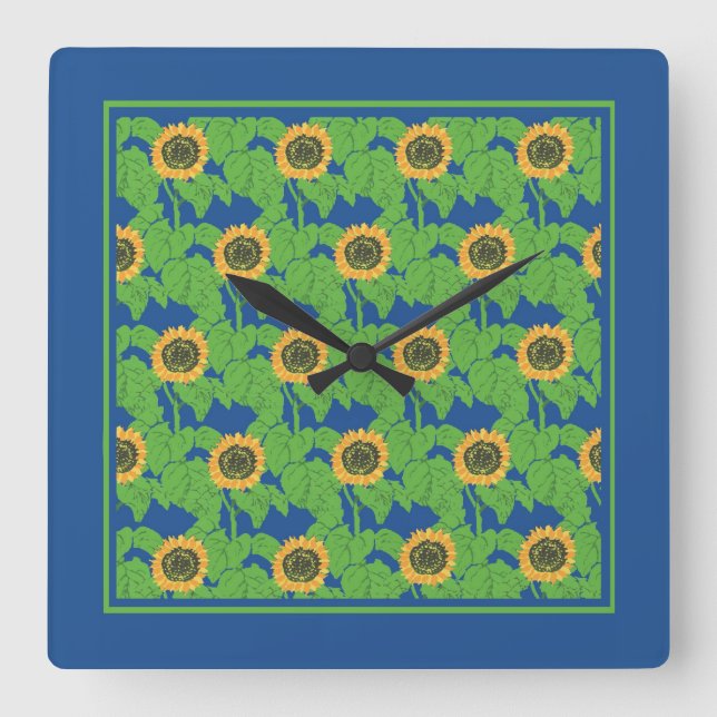 Golden Sunflowers on Bright Blue Background Square Wall Clock (Front)