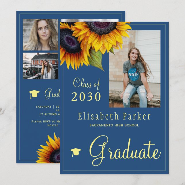 Golden sunflowers PHOTO collage graduation party Invitation (Front/Back)