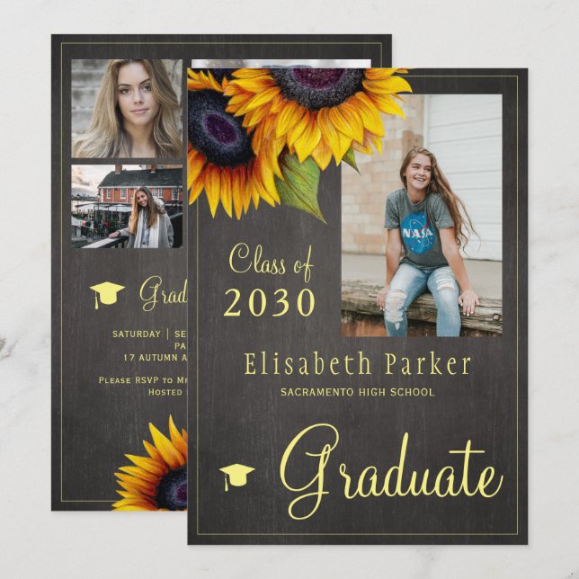 Golden sunflowers PHOTO collage graduation party Invitation (Front/Back)
