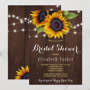 Golden sunflowers rustic barn wood bridal shower invitation