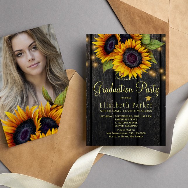 Golden sunflowers rustic PHOTO graduation party Invitation (Creator Uploaded)
