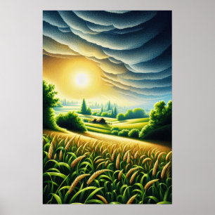 Golden Sunrise Over Green Fields Dreamy Landscape  Poster
