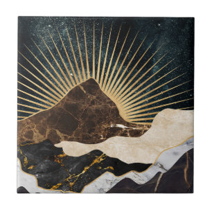 Golden Sunrise Over Marble Mountains & Starry Sky Ceramic Tile