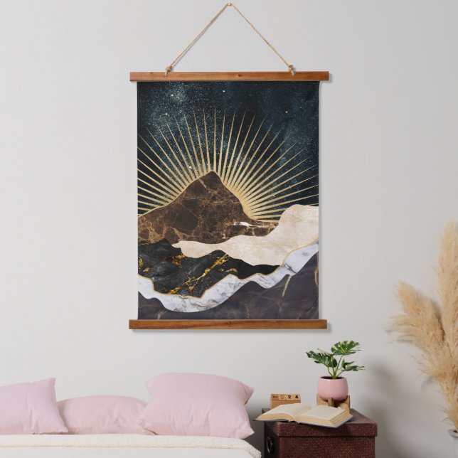 Golden Sunrise Over Marble Mountains & Starry Sky Hanging Tapestry (Bedroom)
