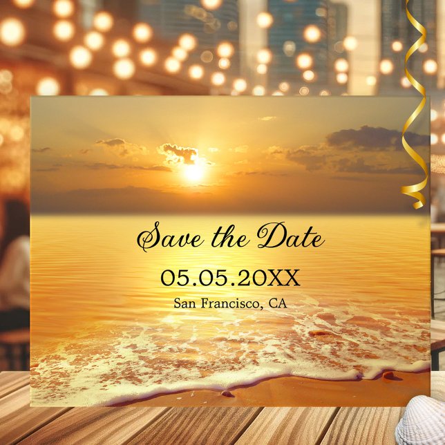 Golden Sunset Beach or Destination Save the Date Announcement (Save the Date card featuring a golden sunset at the beach - with QR code template)