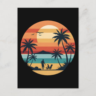Golden sunset behind silhouette palm trees or coco holiday postcard