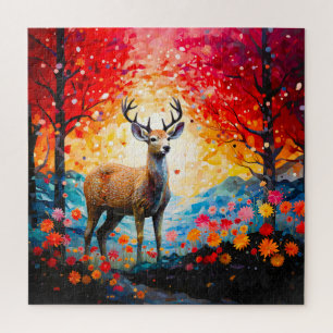 Golden Sunset Floral Fall Forest Deer Jigsaw Puzzle