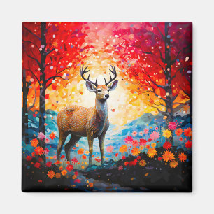 Golden Sunset Floral Fall Forest Deer Magnet